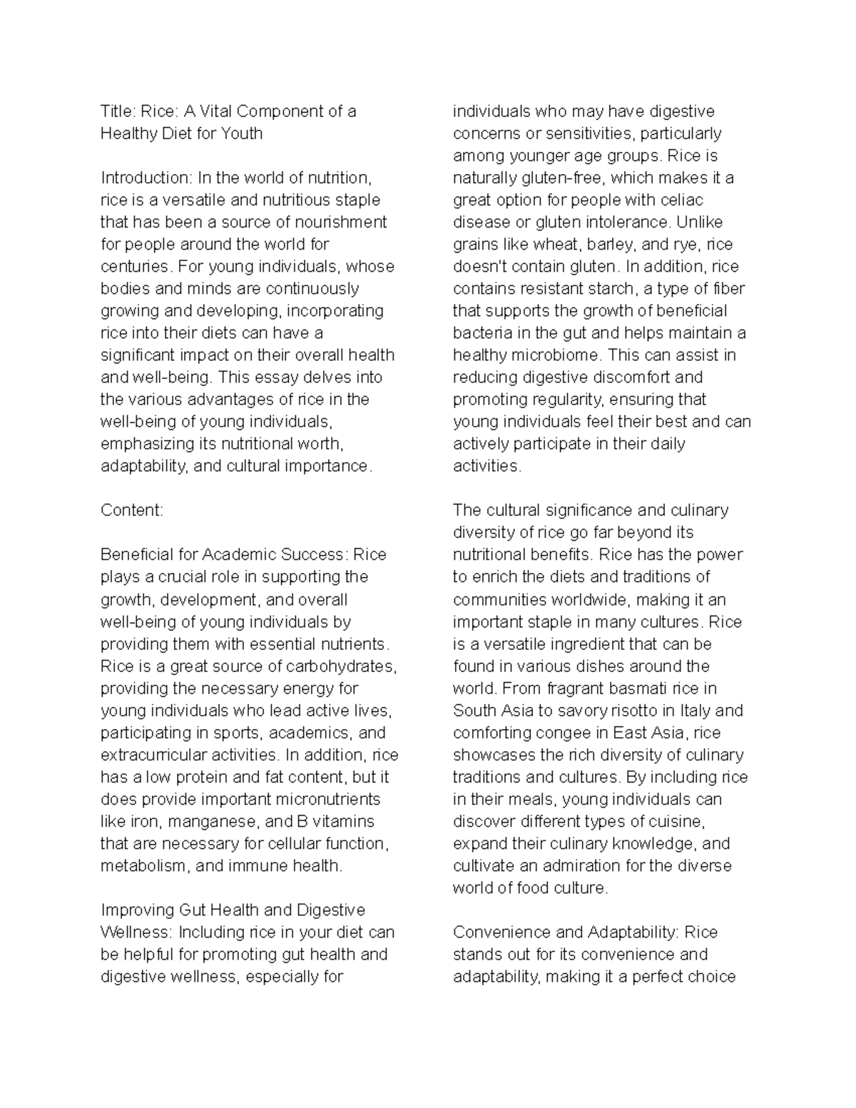 Rice Health Story - Essay Writing - Title: Rice: A Vital Component of a ...