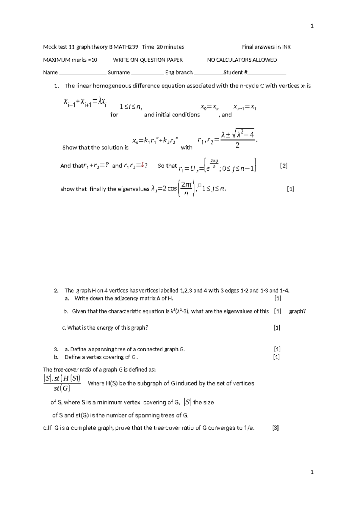 Mock Test 11 - Graph Theory for MATH239 (Final Exam) - Studocu
