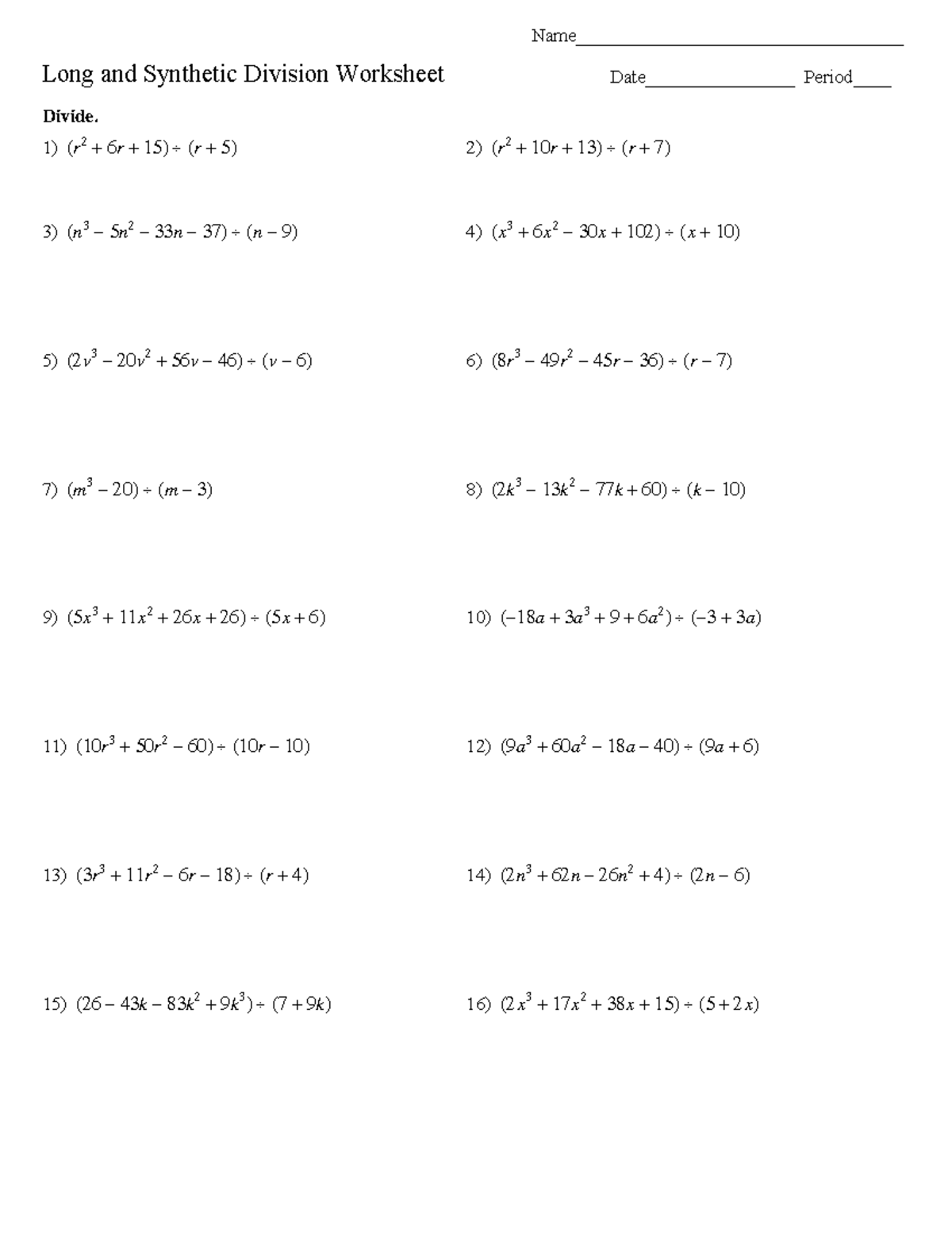 Long and Synthetic Division Worksheet (Math 101) - Studocu