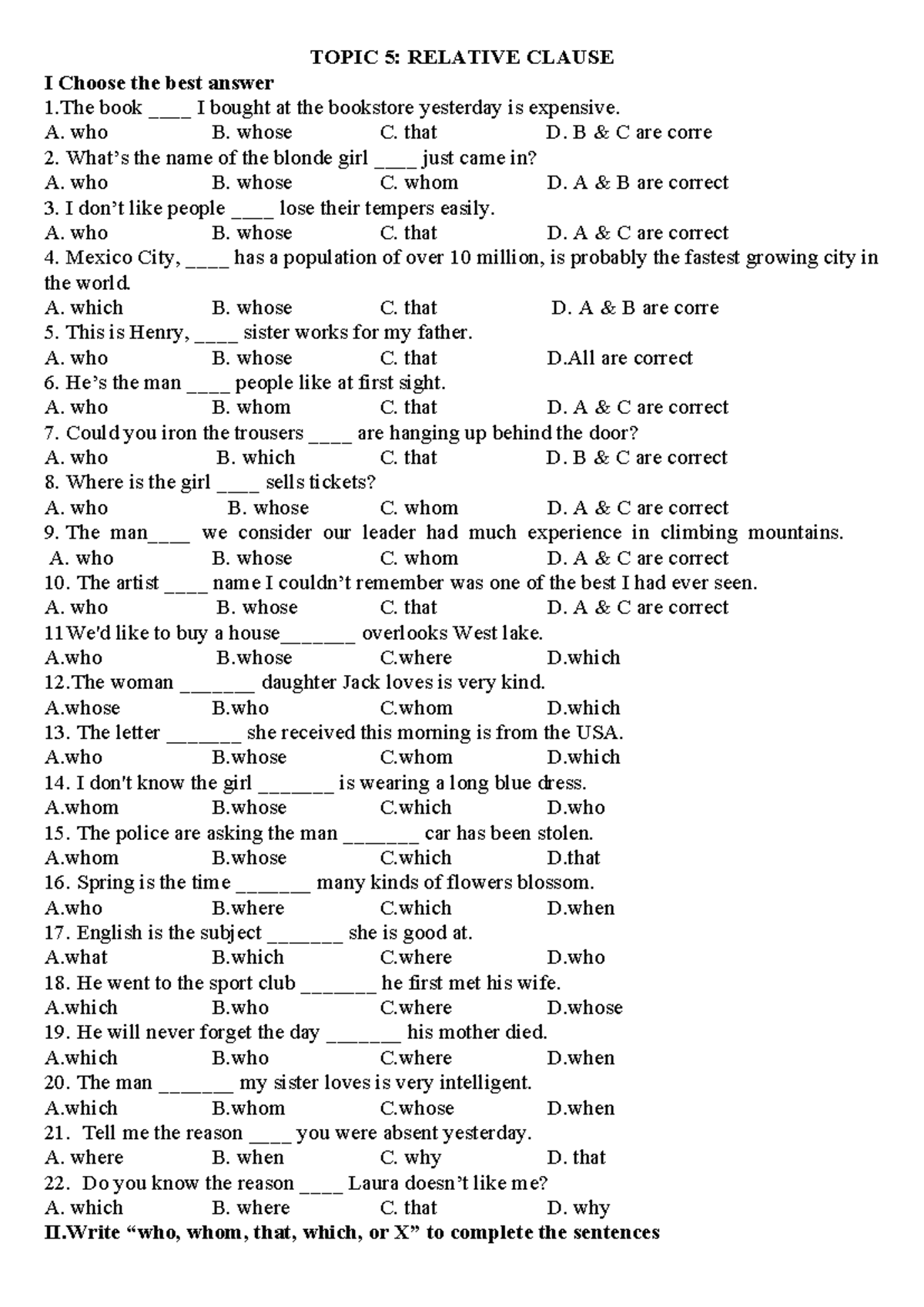 TOPIC 5: RELATIVE CLAUSE I - Exercises and Answers - Studocu