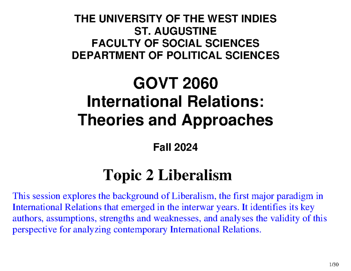 GOVT 2060 Fall 2024: Liberalism in International Relations - Key ...