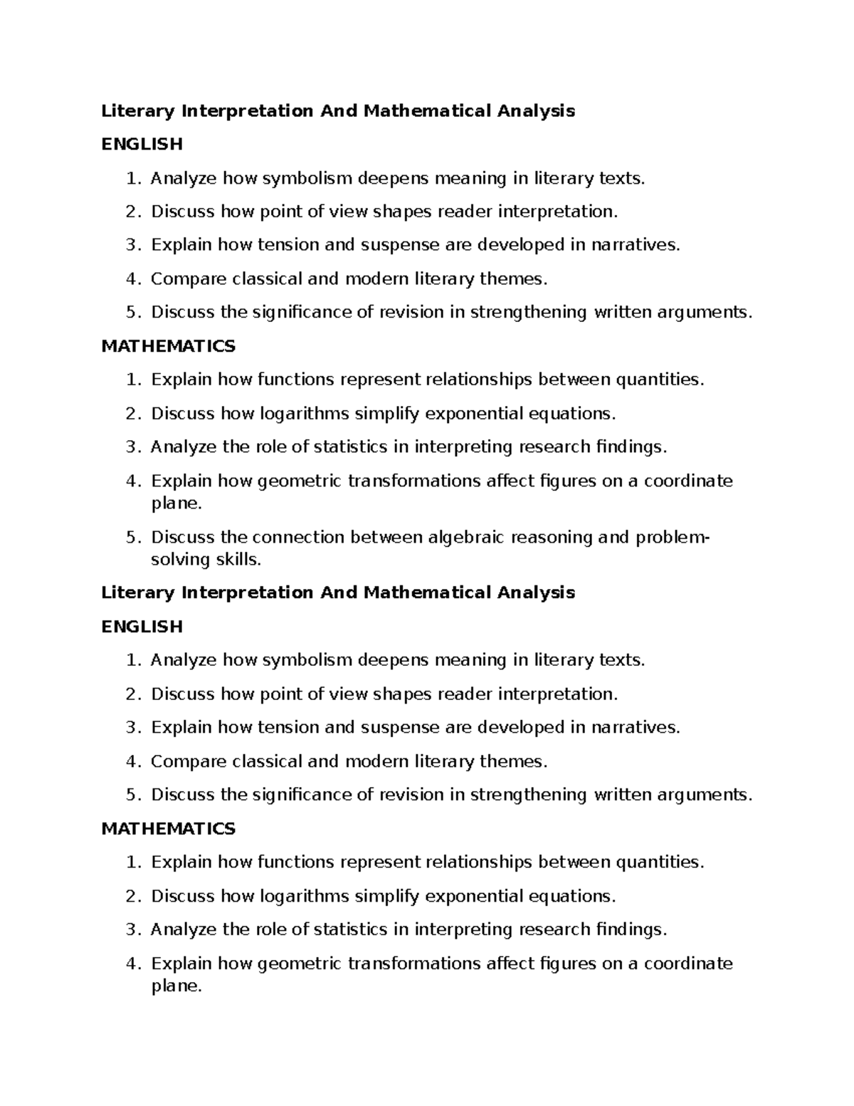 Literary & Mathematical Analysis: ENGLISH 1 & MATH 1 Insights - Studocu