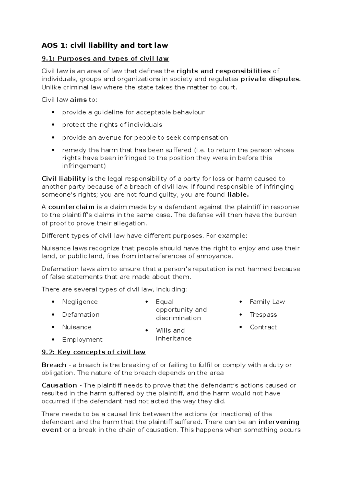 AOS 1: Civil Liability & Tort Law - Exam Unit 2 Study Notes - Studocu