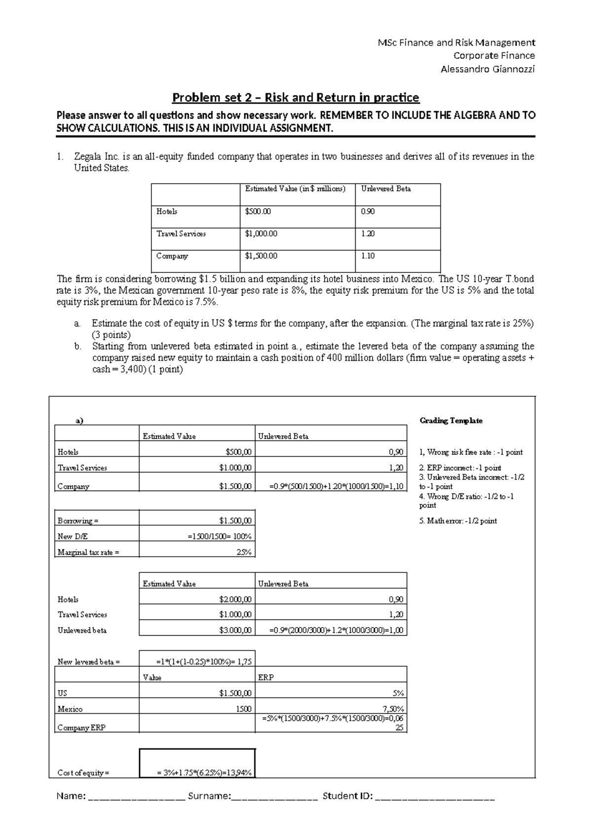 PS2 Corporate Finance Problem Set: Risk and Return Solutions - Studocu