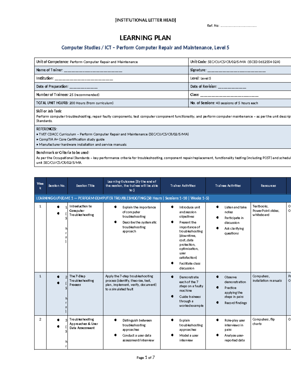 Computer Repair & Maintenance Learning Plan (CBET Level 5) - Studocu