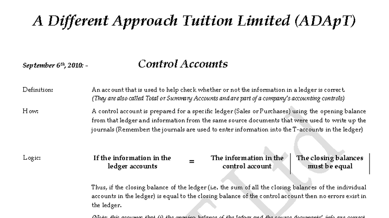 CXC CSEC Control Accounts: Debtors' & Creditors' Ledger Overview - Studocu