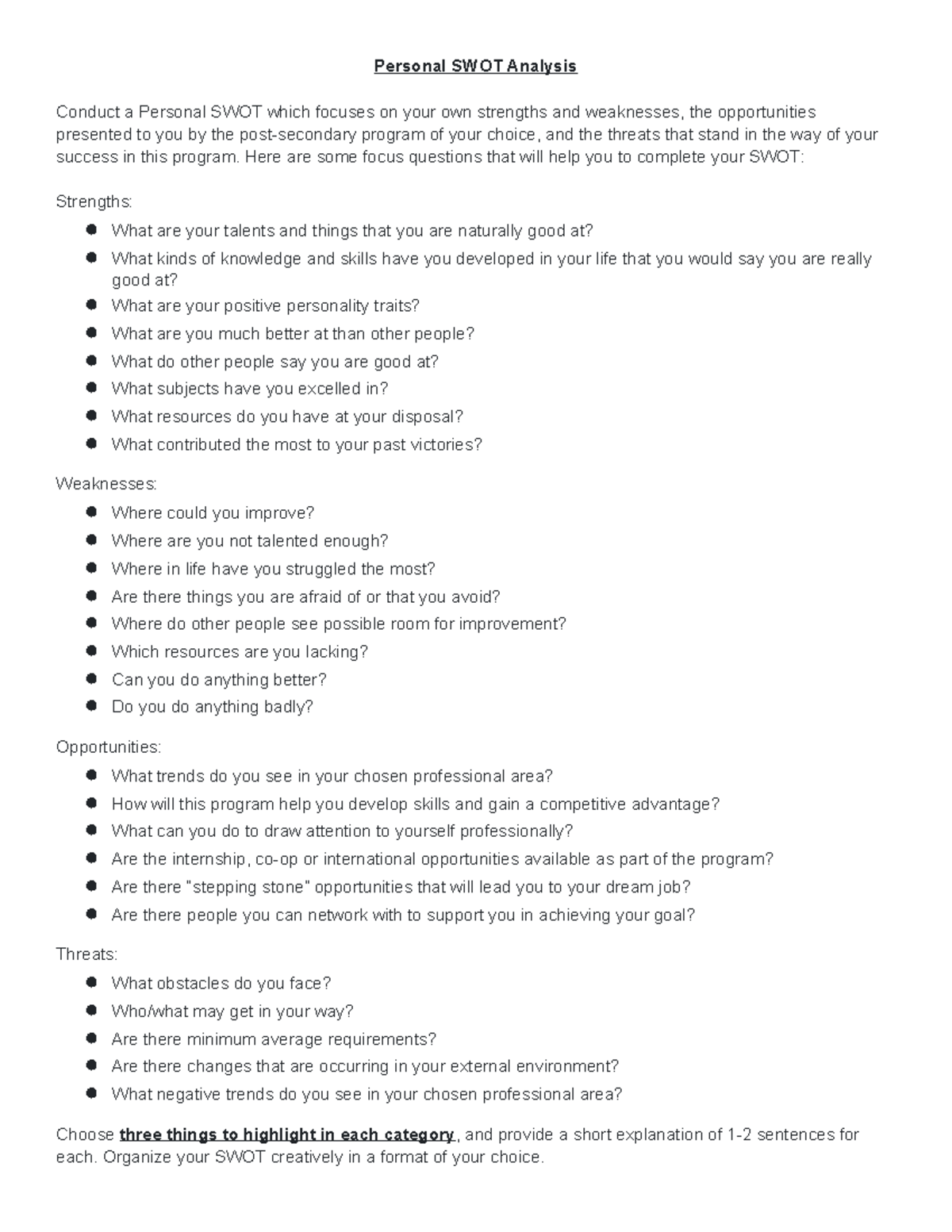Personal SWOT analysis for academic and career success - Studocu