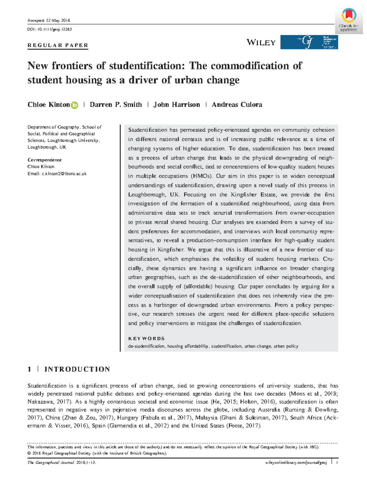 New Frontiers of Studentification: Commodification of Housing in ...