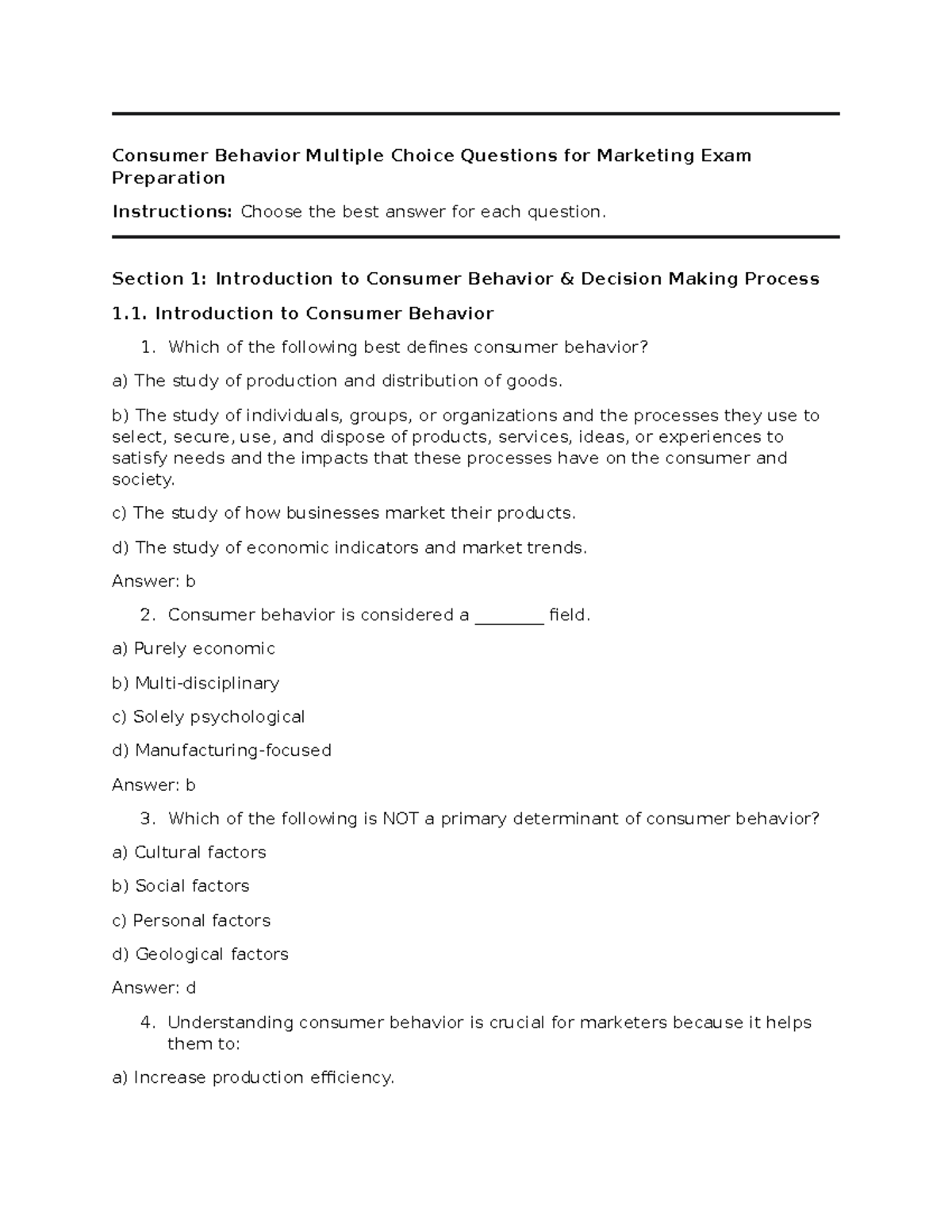 Consumer Behavior MCQs for Marketing Exam Prep - Studocu
