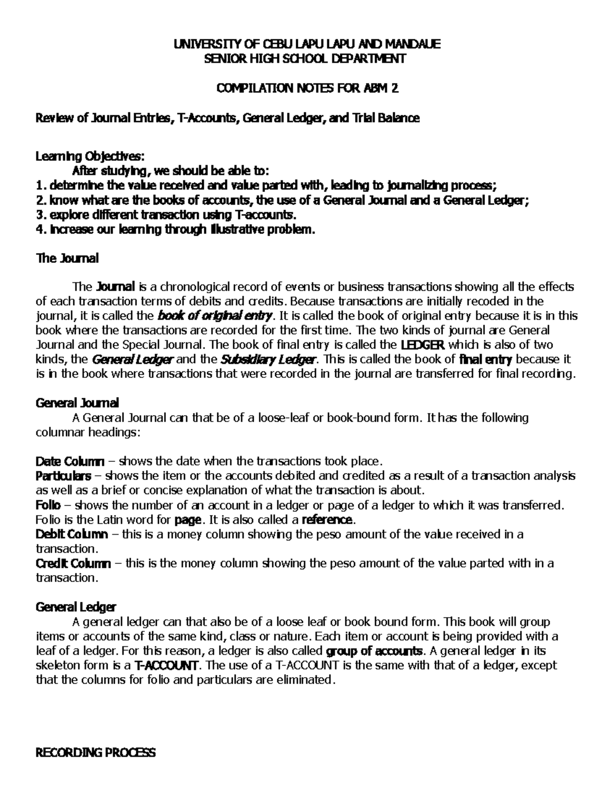 Compilation Notes for ABM 2: Journal Ledger & Trial Balance Guide - Studocu