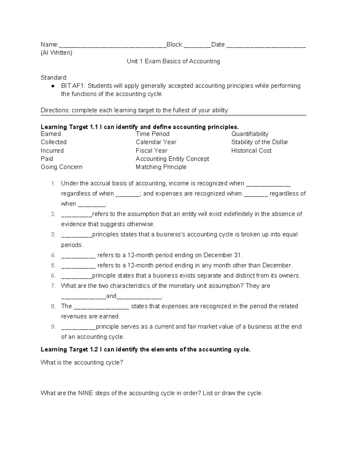 Basic Accounting Unit 1 Exam - BIT.AF1 Learning Targets and Principles ...