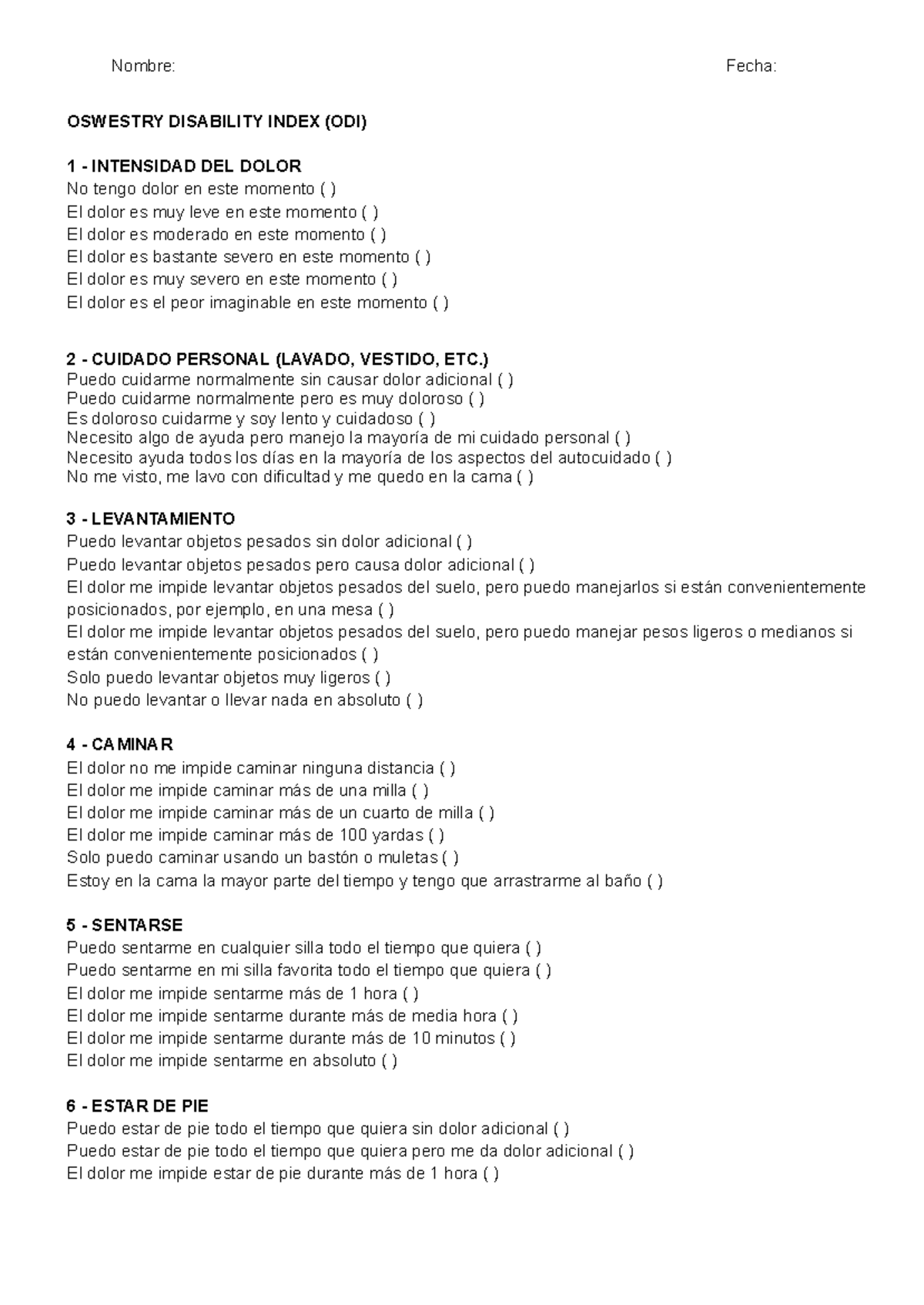 Oswestry Disability Index (ODI) Assessment Questionnaire - Studocu
