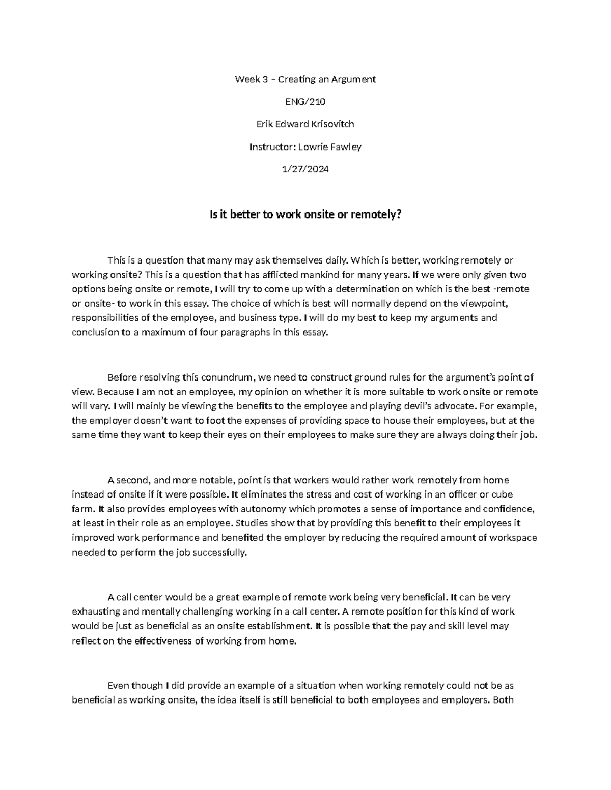 WK3 ENG210 Final Essay: Onsite vs. Remote Work Arguments - Studocu