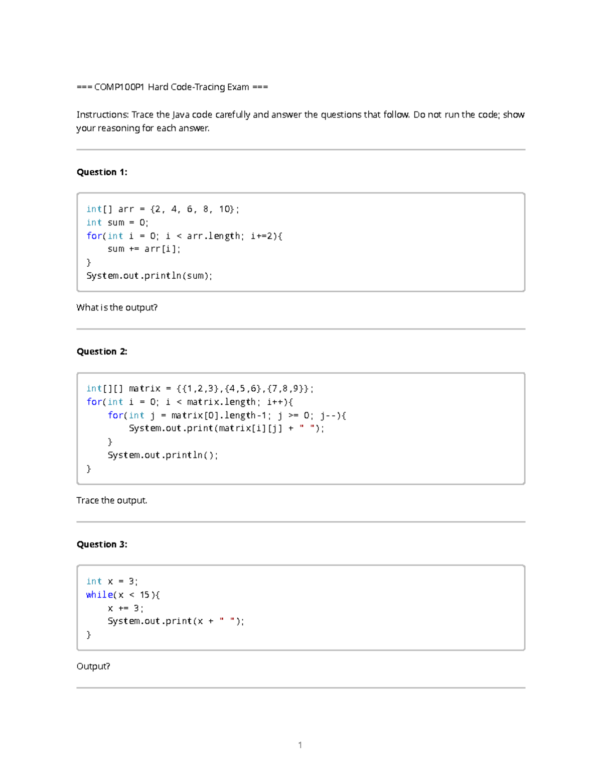 COMP100P1 Hard Java Code Tracing Exam Instructions - Studocu