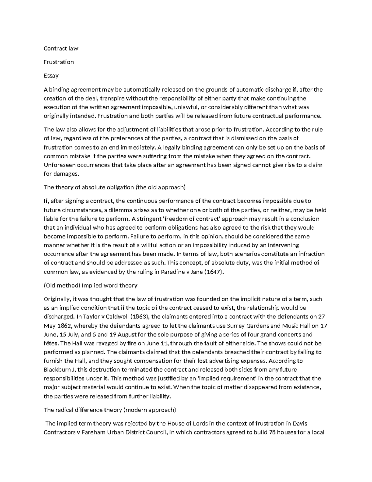 Contract Law (LAW101): Frustration Essay Analysis - Studocu