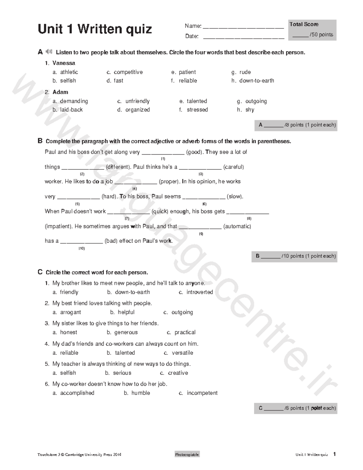 TS U1 Written Quiz A - Describing People and Adjectives - Studocu