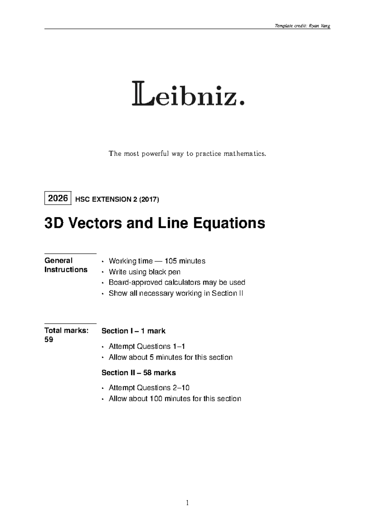 HSC EXTENSION 2 2026: 3D Vectors & Line Equations Task Questions - Studocu
