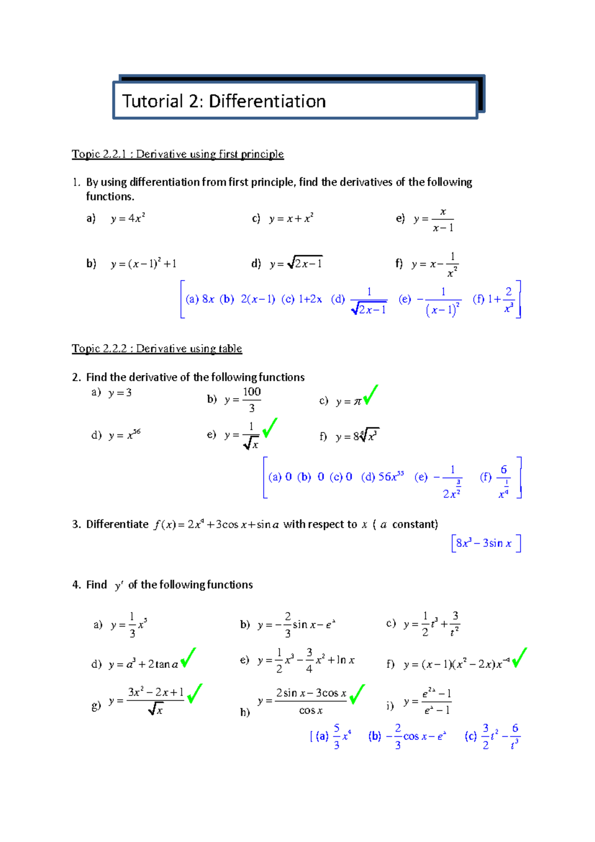 Tutorial - Ch 2 - Differentiation Techniques and Applications - Studocu