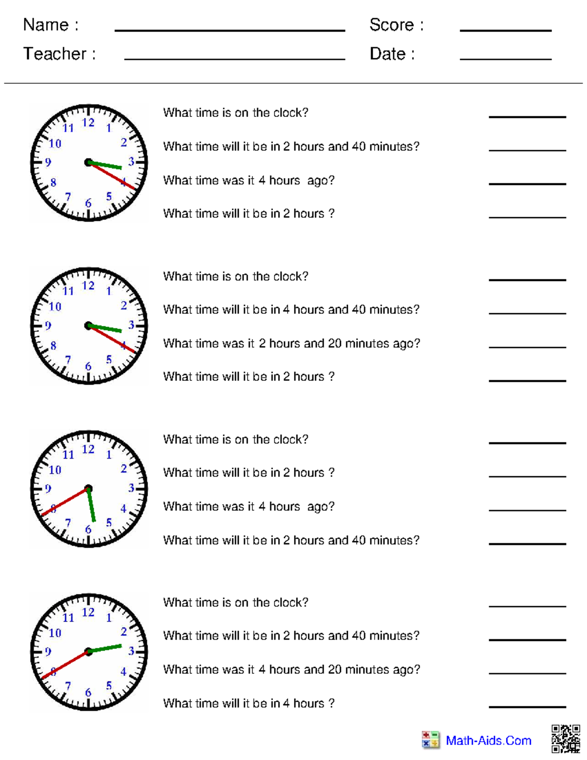 Math Worksheet: Time Calculations and Clock Problems - Studocu
