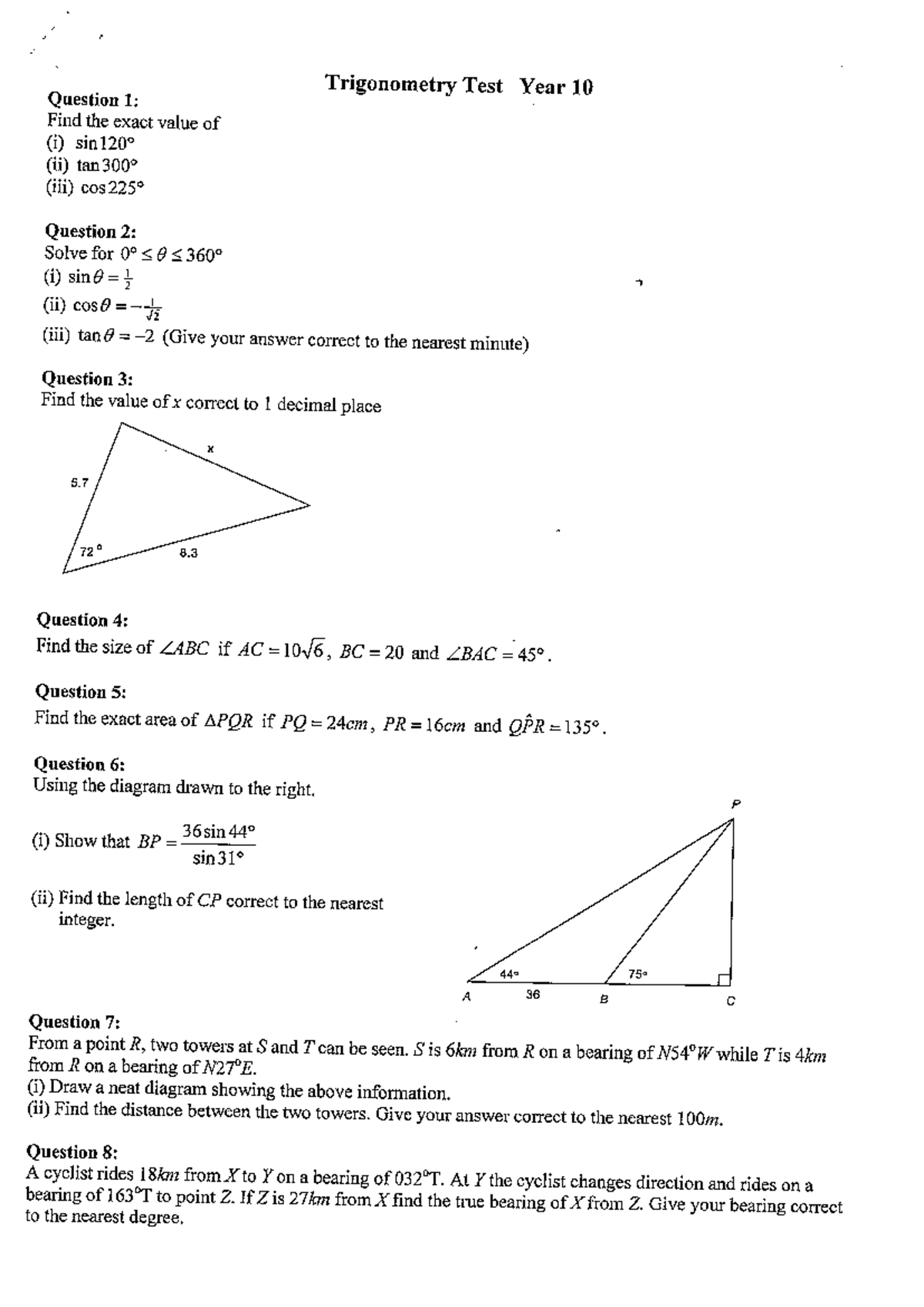 Year 10 Trigonometry Common Test Questions and Solutions - Studocu