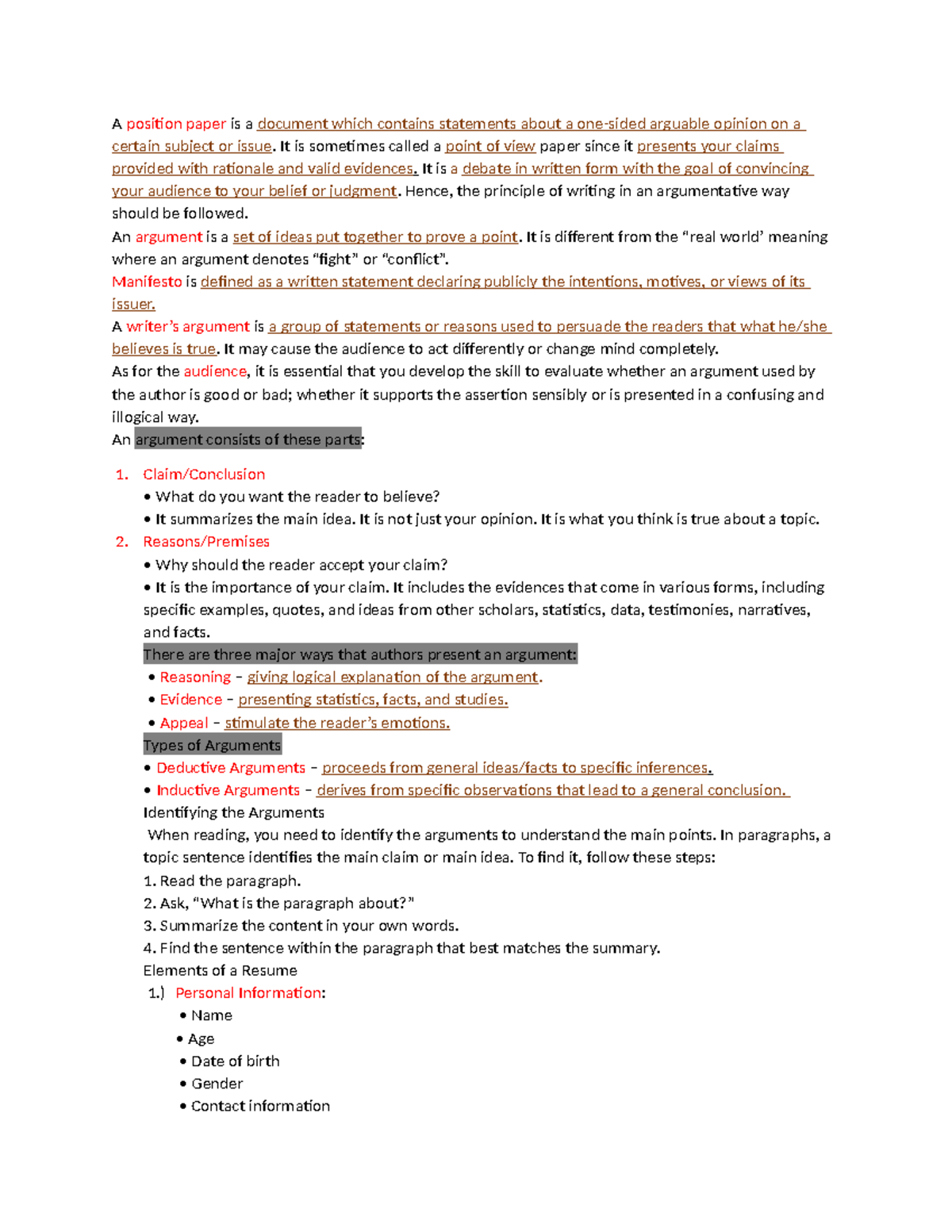 Language - study this - A position paper is a document which contains ...