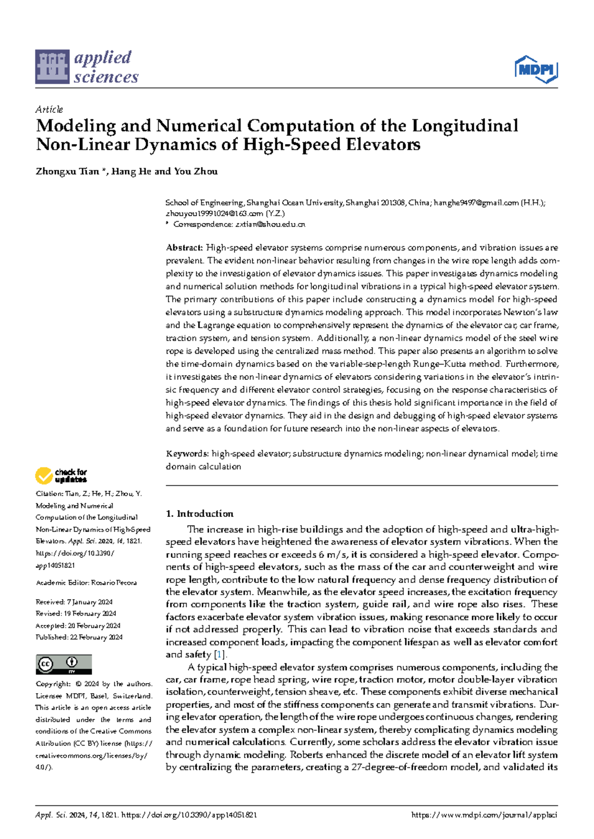 Applied Sciences 2024: Modeling & Numerical Computation of Elevator ...