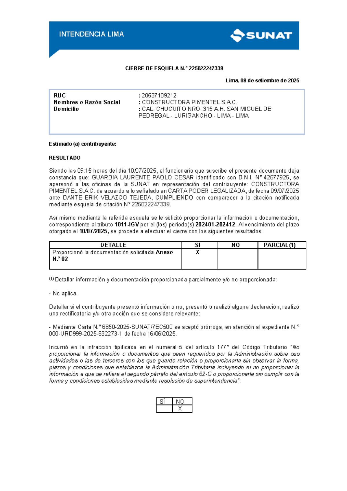 CIERRE DE ESQUELA INTENDENCIA LIMA 20537109212 - SUNAT - Studocu