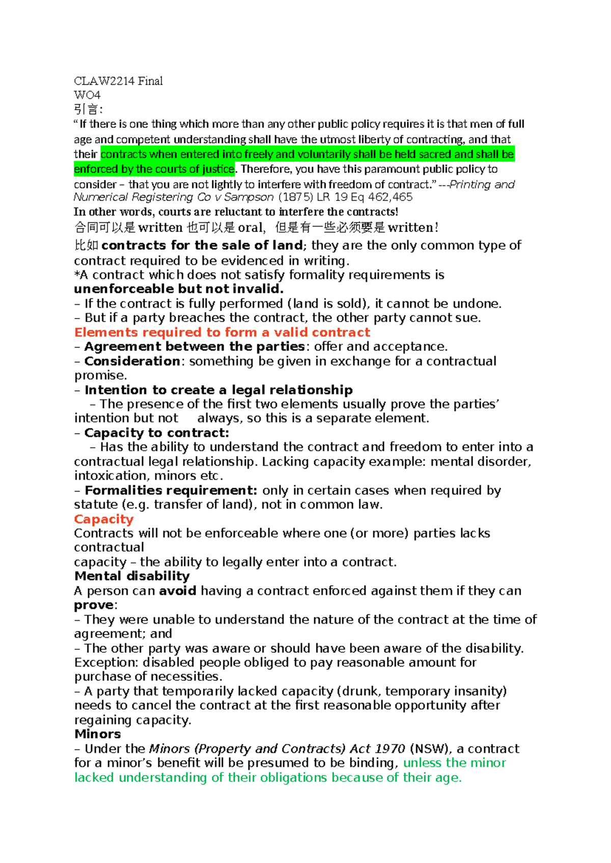 CLAW2214 Final Exam Notes - Business Law and Contract Principles - Studocu