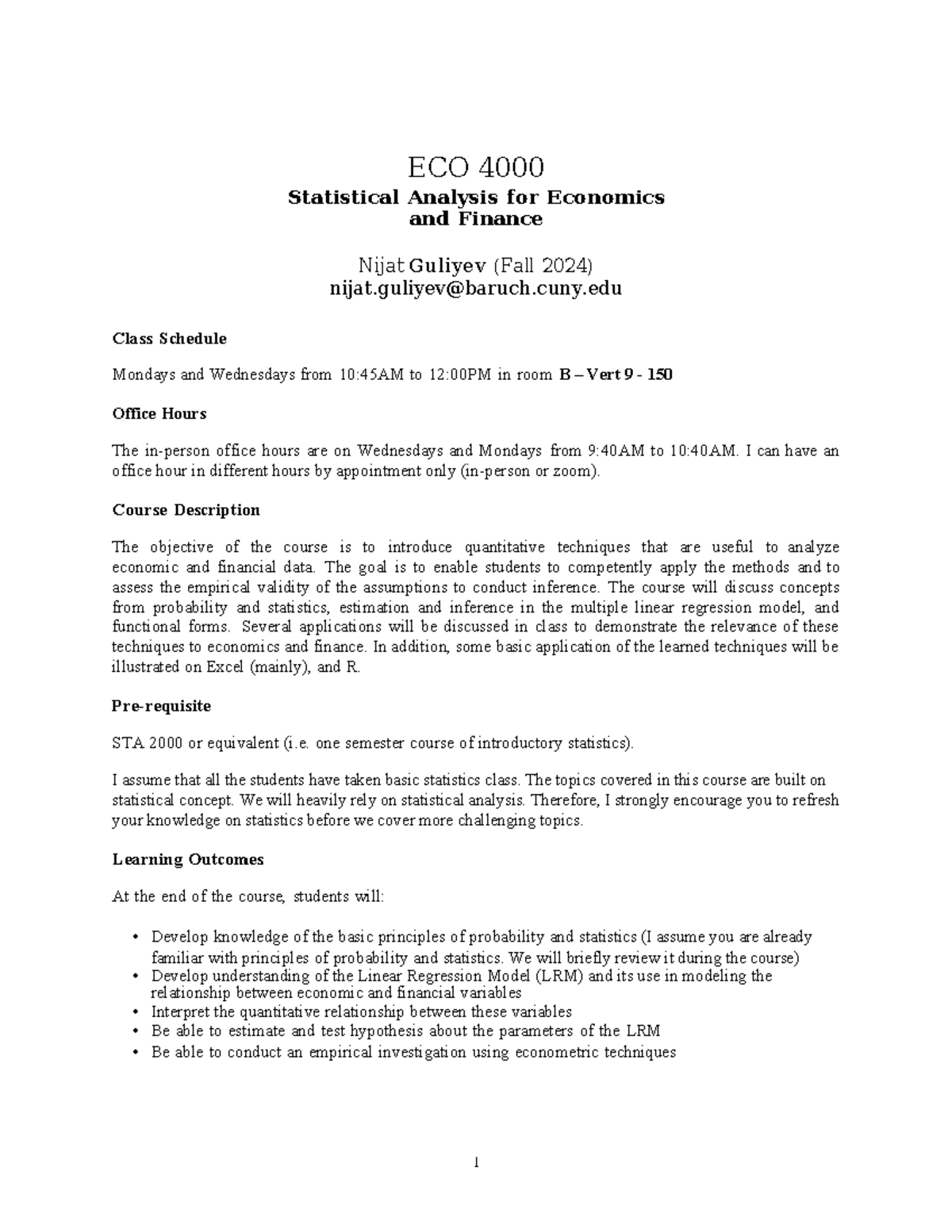 ECO 4000 Fall 2024 Syllabus: Statistical Analysis for Economics - Studocu