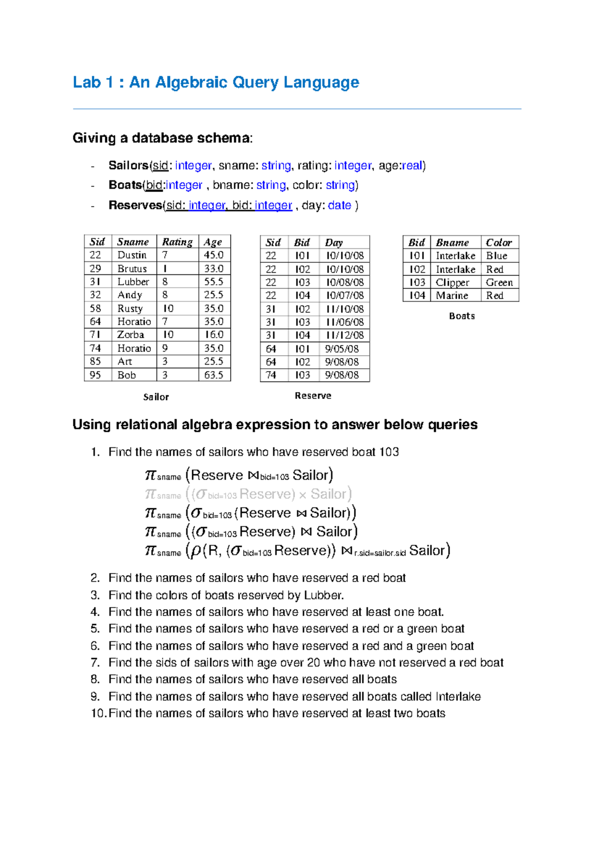 Lab 1: Algebraic Query Language for Database Schema Analysis - Studocu