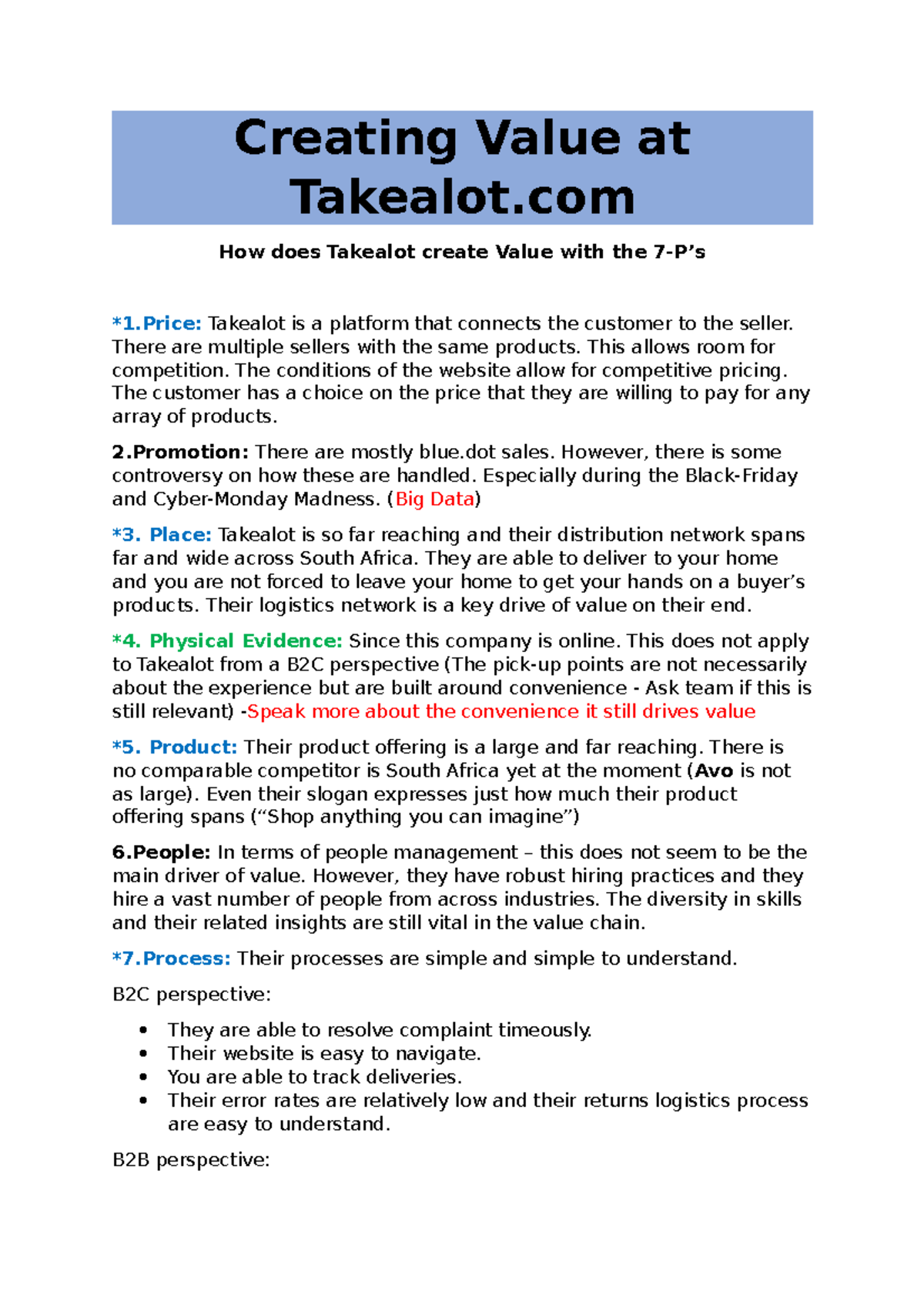 Creating Value at Takealot: Insights on the 7-P's & 4-A's - Studocu