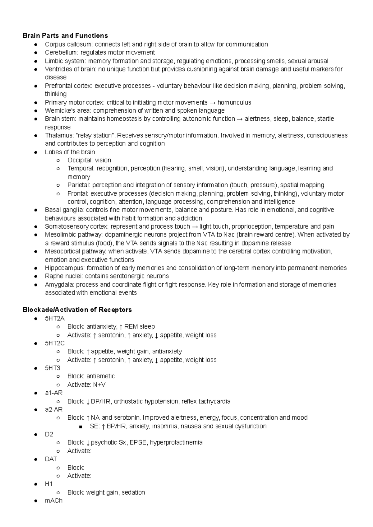Exam notes - Brain Parts and Functions Corpus callosum: connects left ...