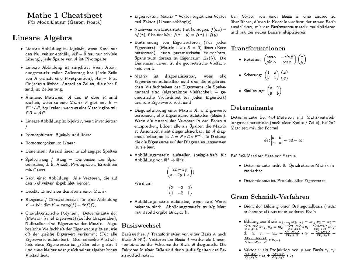 Lin Alg-Cheatsheet: Grundlagen und Definitionen in der Linearen Algebra ...