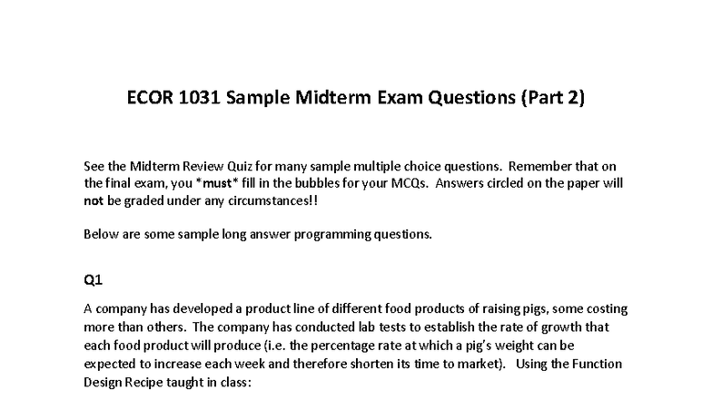 ECOR 1031 Sample Midterm Exam Questions (Part 2) - Studocu