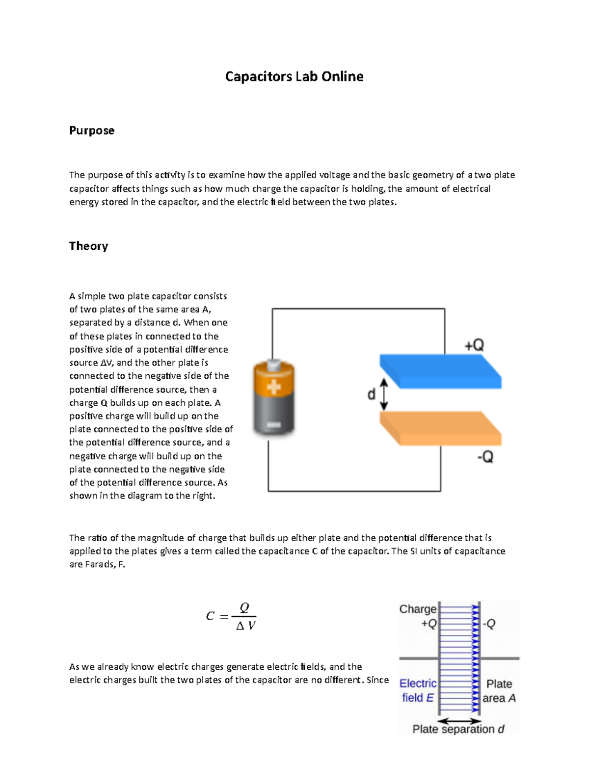 Capacitors Lab Online - Capacitors Lab Online Purpose The purpose of ...