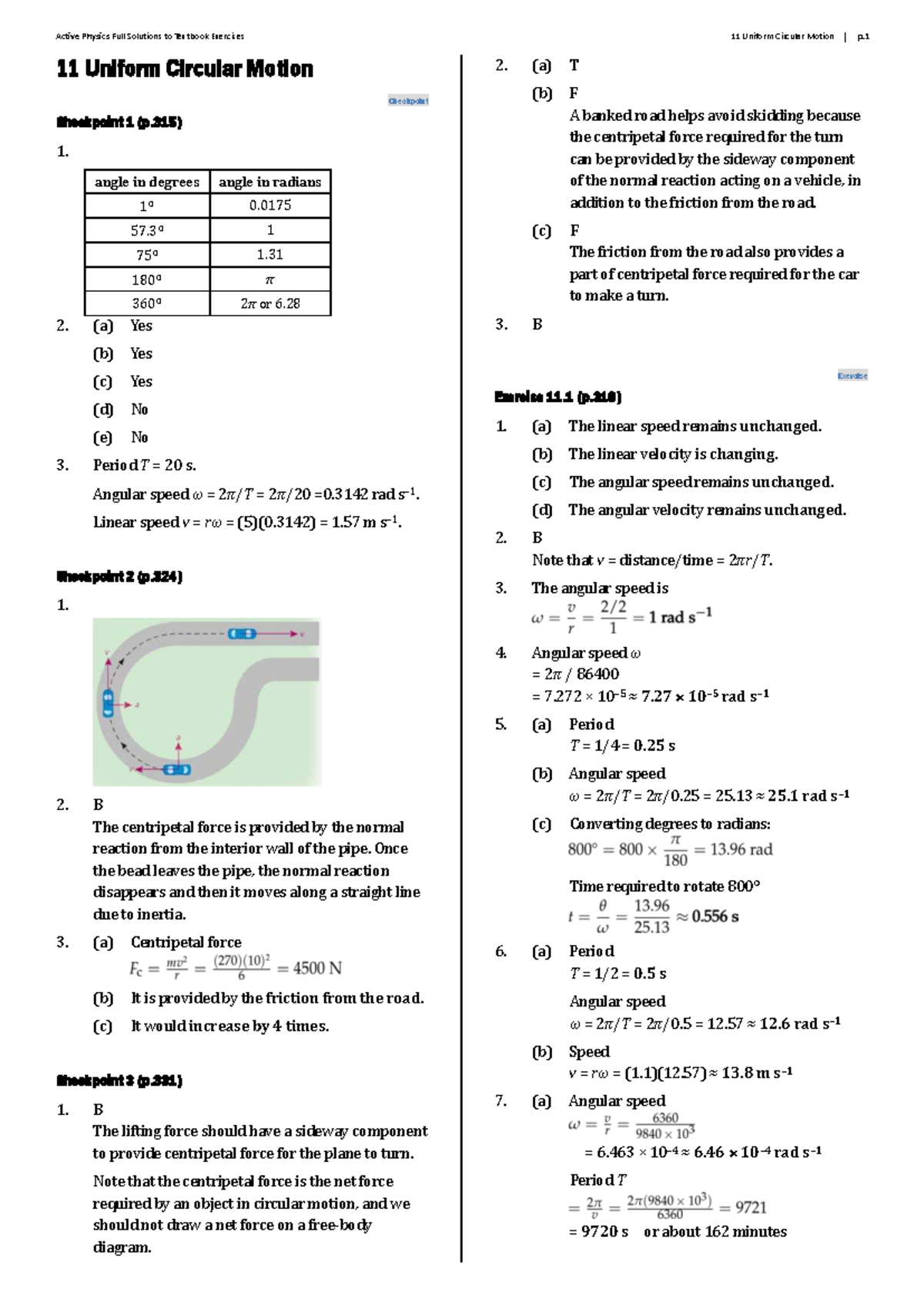 Active Physics 11 Exercise Solutions: Uniform Circular Motion Full ...