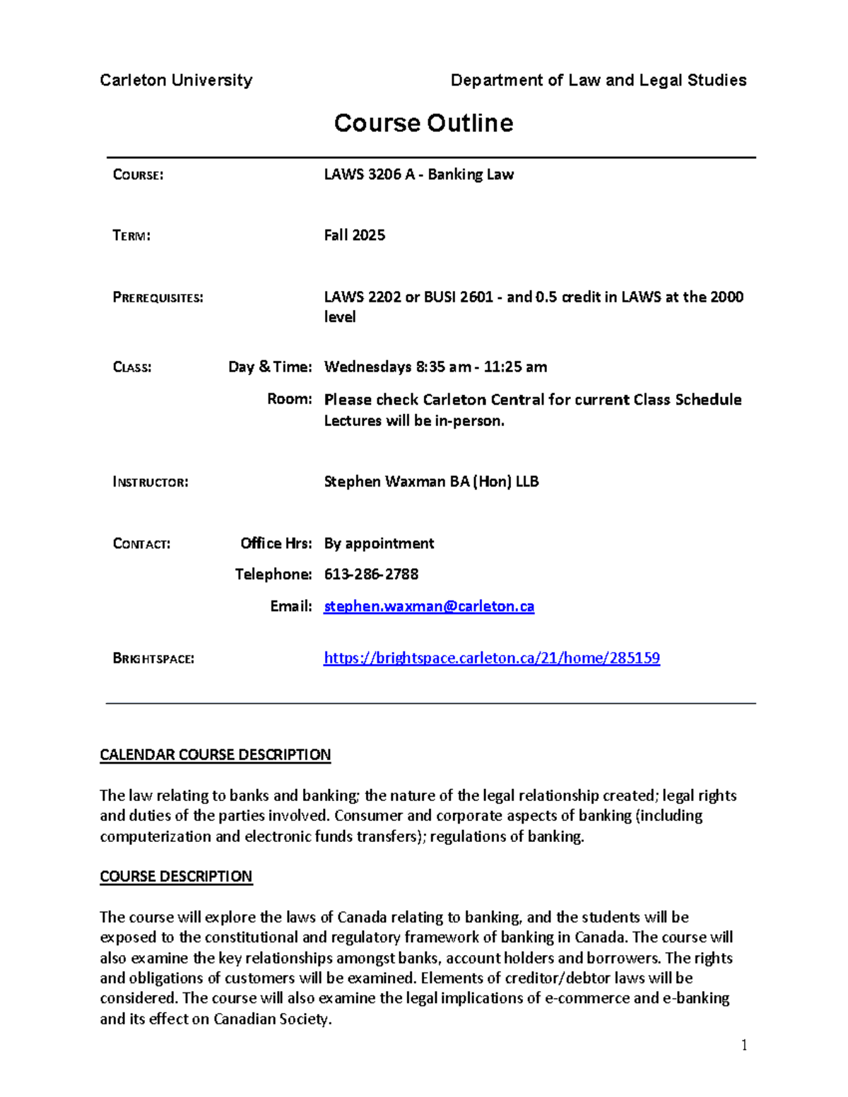LAWS 3206 A Banking Law Course Outline - Fall 2025 - Studocu
