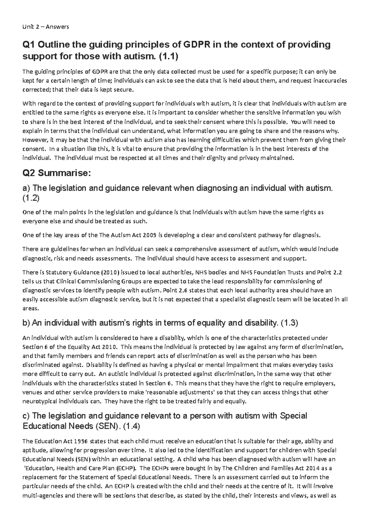 Unit 2 Assessment Answers on Autism Support & Legislation - Studocu