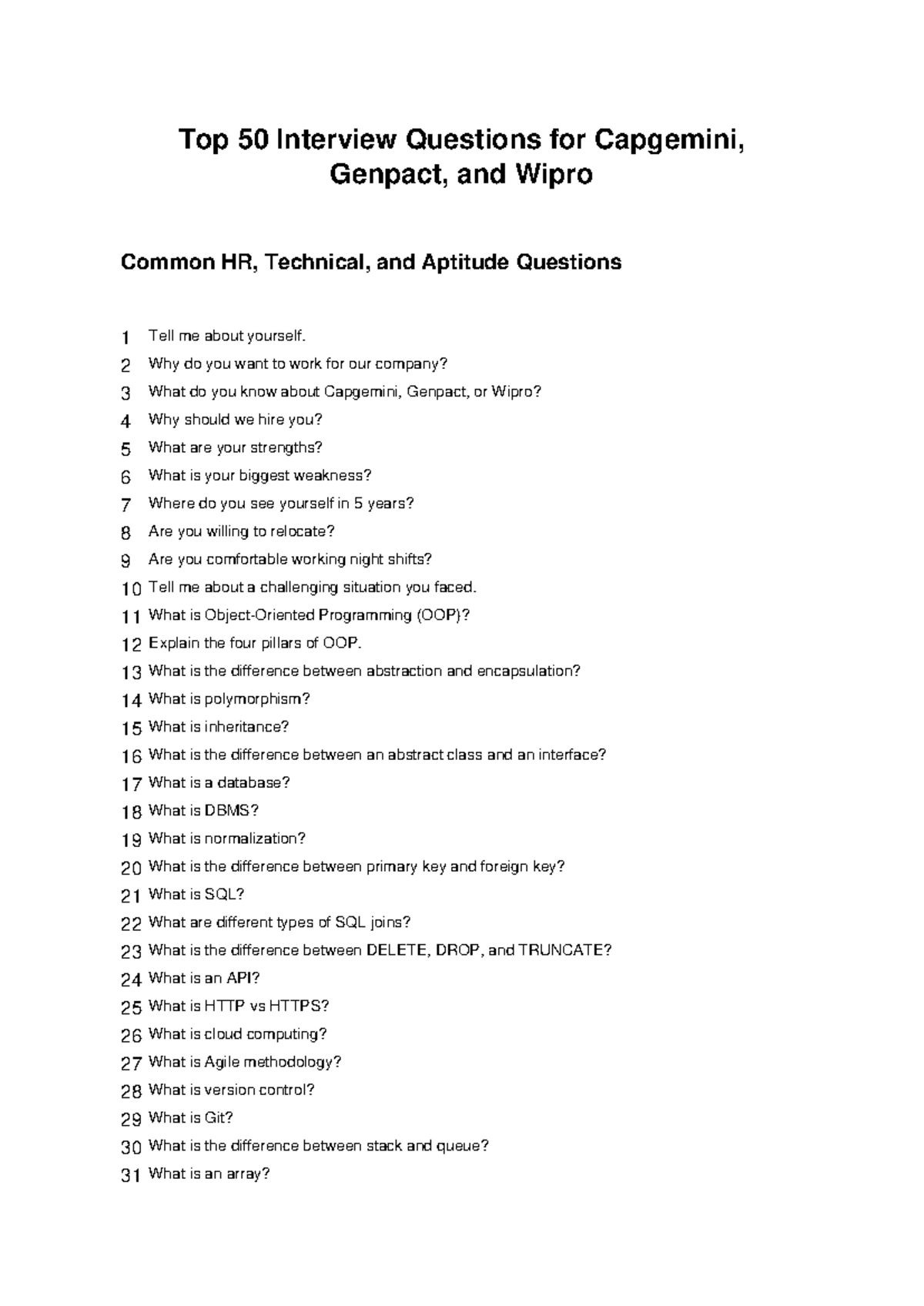 Top 50 Interview Questions for IT Companies: Capgemini, Genpact, Wipro ...