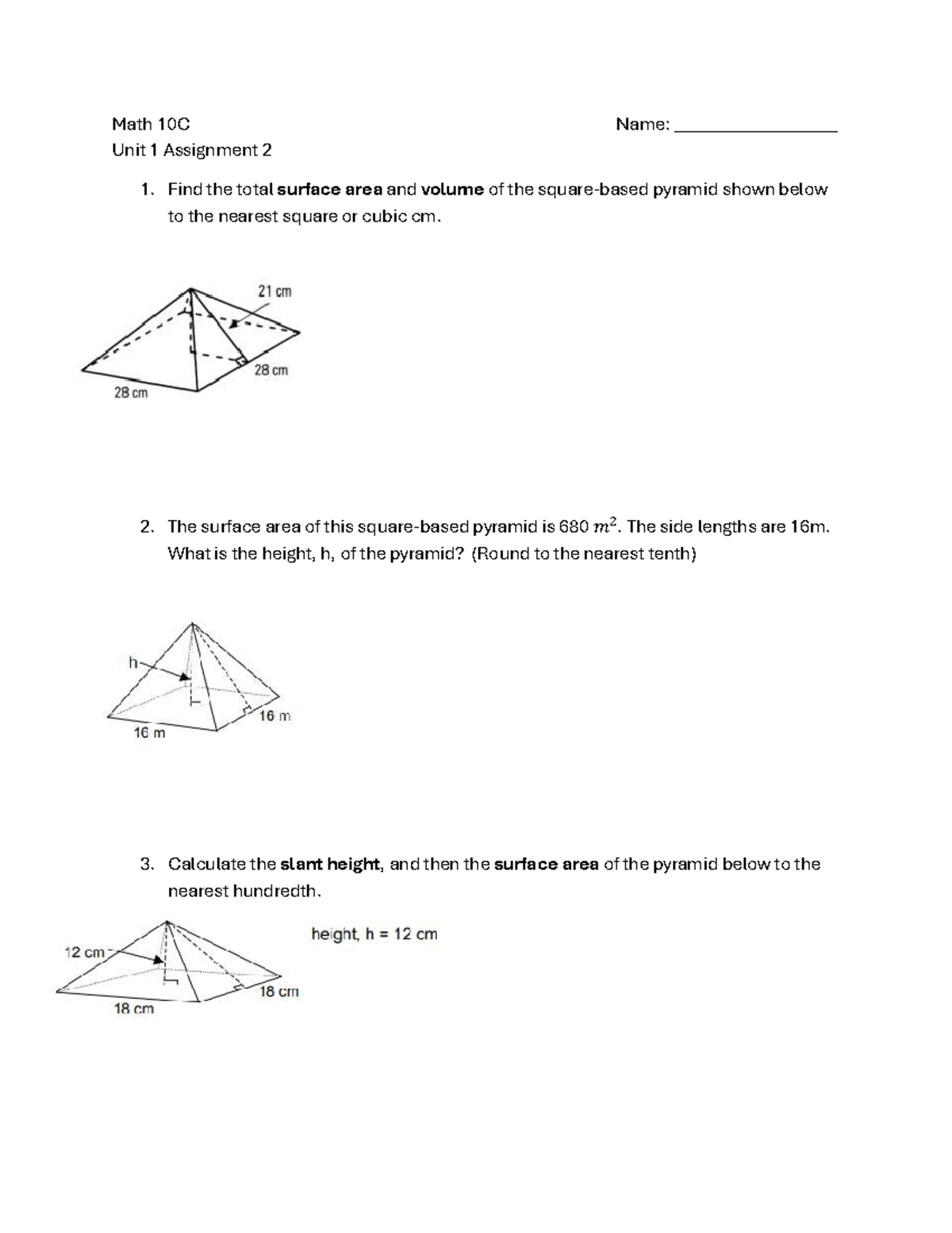 M10C Unit 1 Assignment 2: Surface Area & Volume Calculations - Studocu