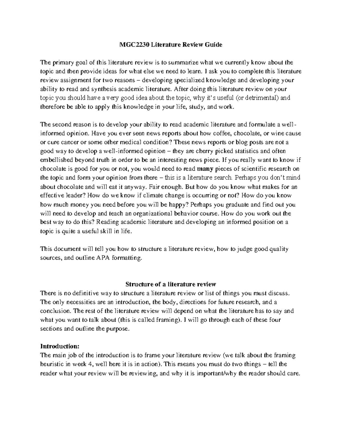 Literature Review Guide for MGC2230: Structuring Your Research - Studocu