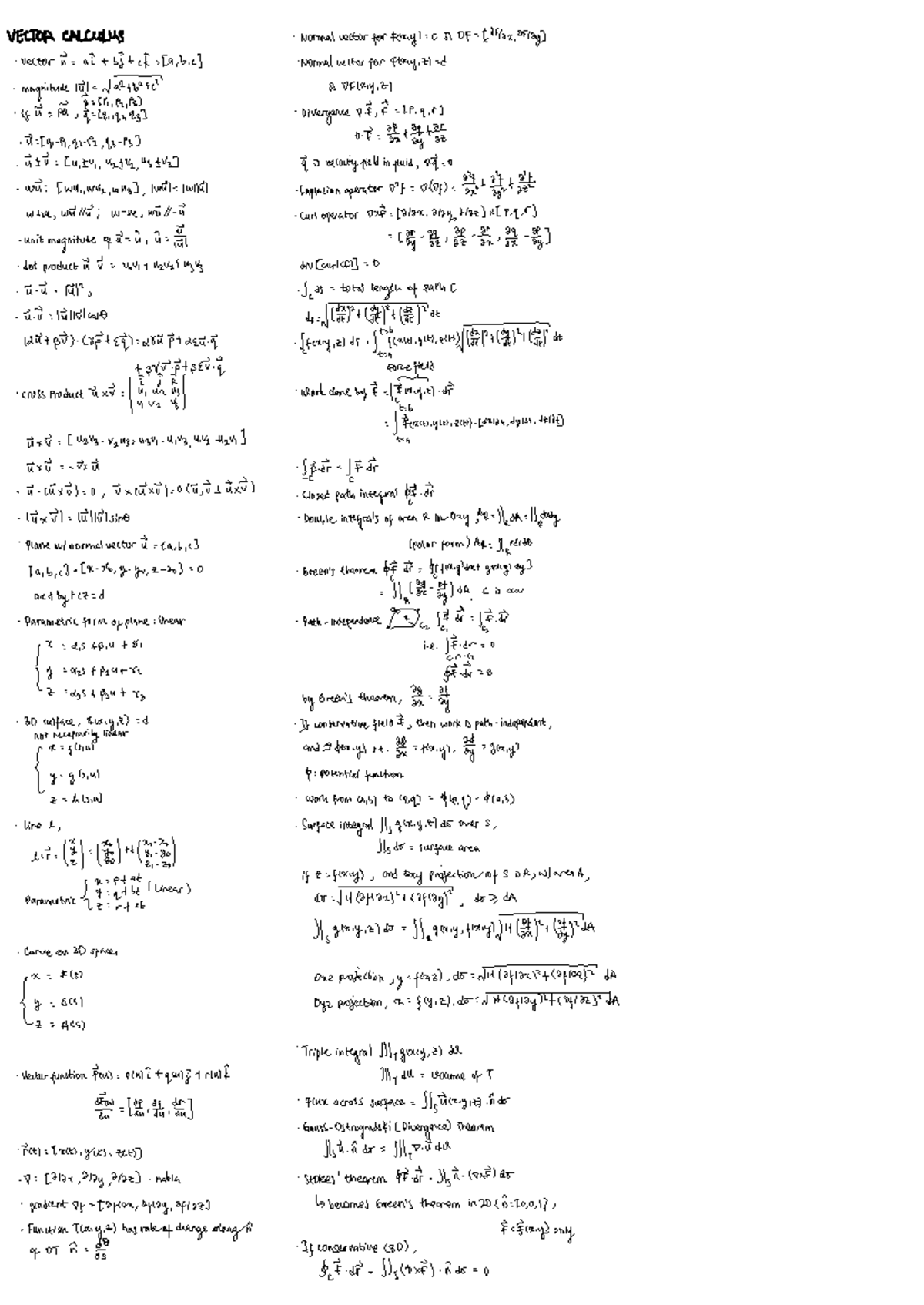 CA2 Cheat Sheet - MA2006: Vector Calculus Concepts and Theorems - Studocu