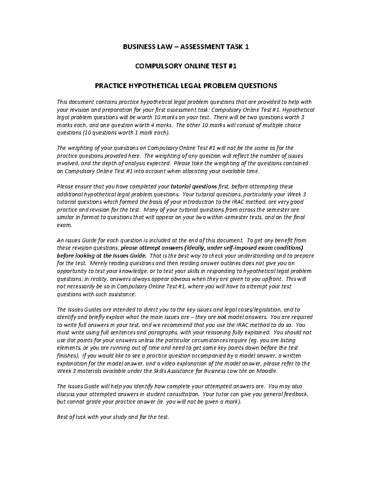 Compulsory Online Test #1: Practice Hypothetical Legal Problem Qs - Studocu