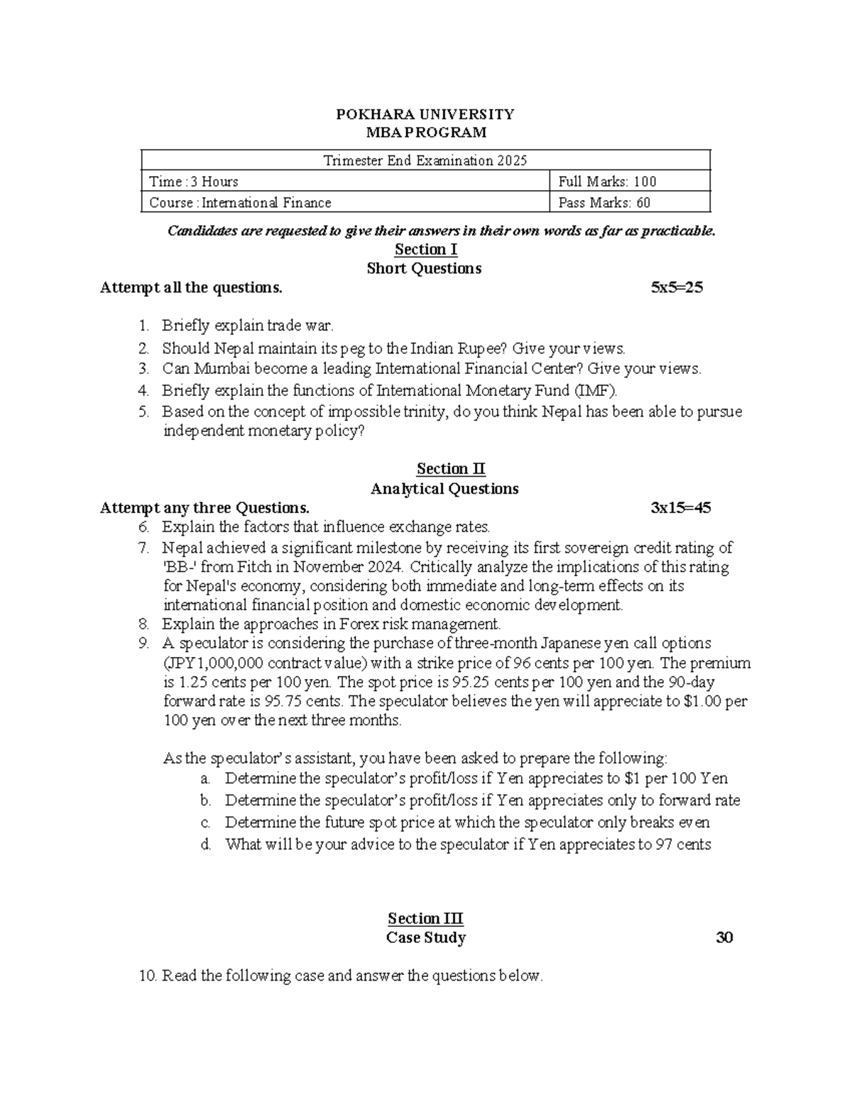International Finance (MBA 2025) Final Exam Questions & Case Study ...
