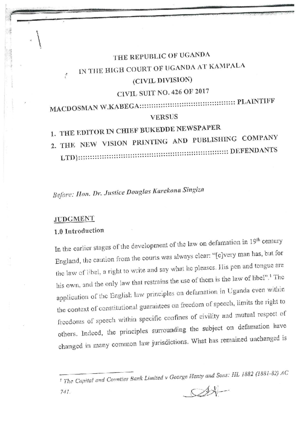 Judgment in Civil Suit No. 426 of 2017: Kabega v. New Vision & Bukedde ...
