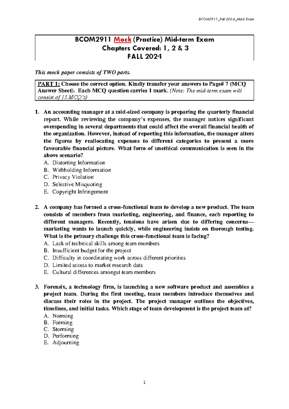 1 BCOM2911 MOCK MID TERM EXAM FALL 2024 - BCOM2911 Mock (Practice) Mid ...
