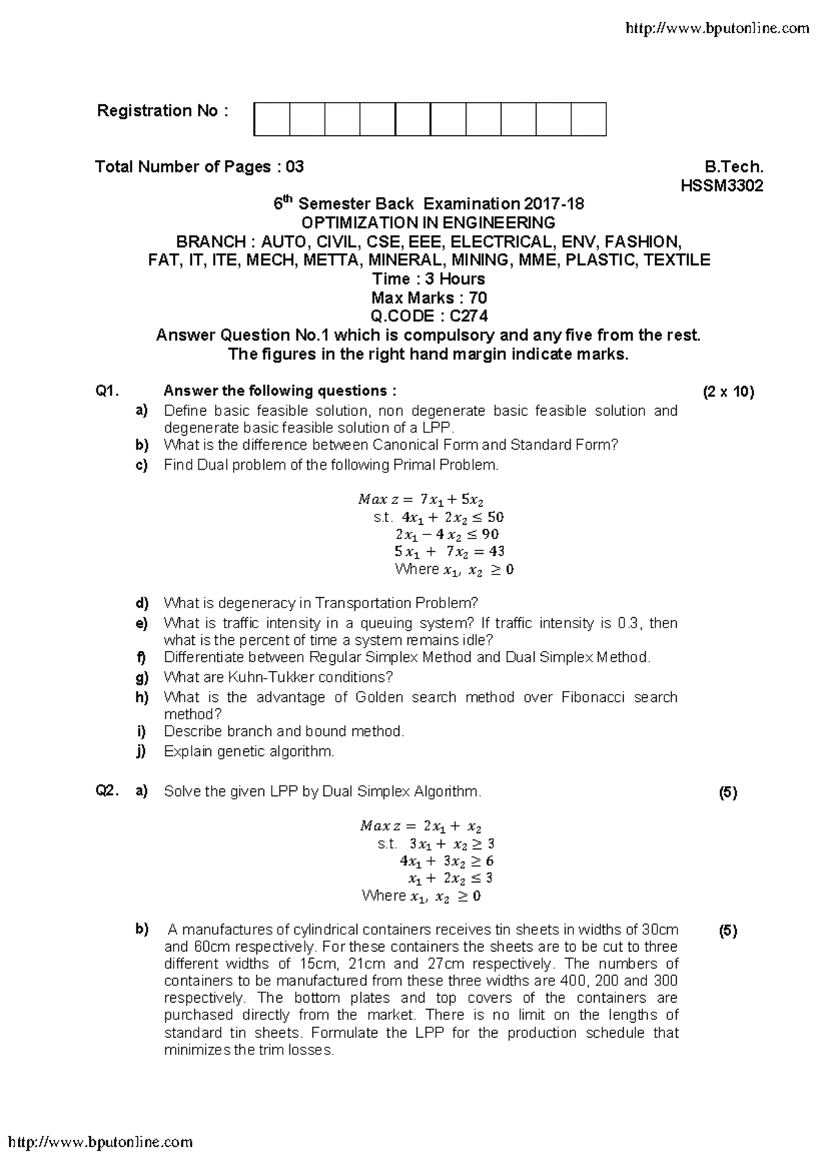 Optimization in Engineering Exam Notes - HSSM3302, B.Tech, 5th Sem ...