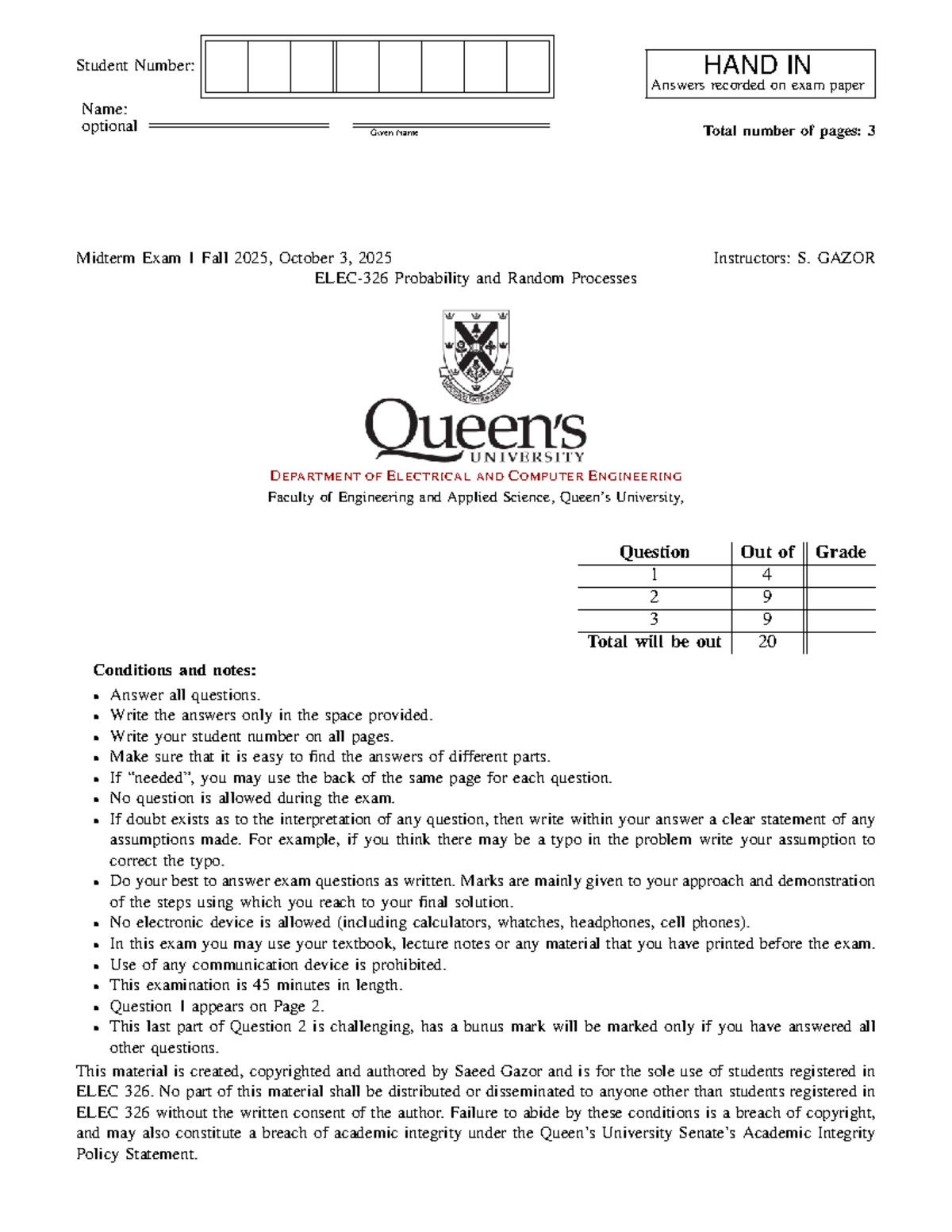 ELEC 326 Midterm Exam 1 Solutions - Probability & Random Processes ...
