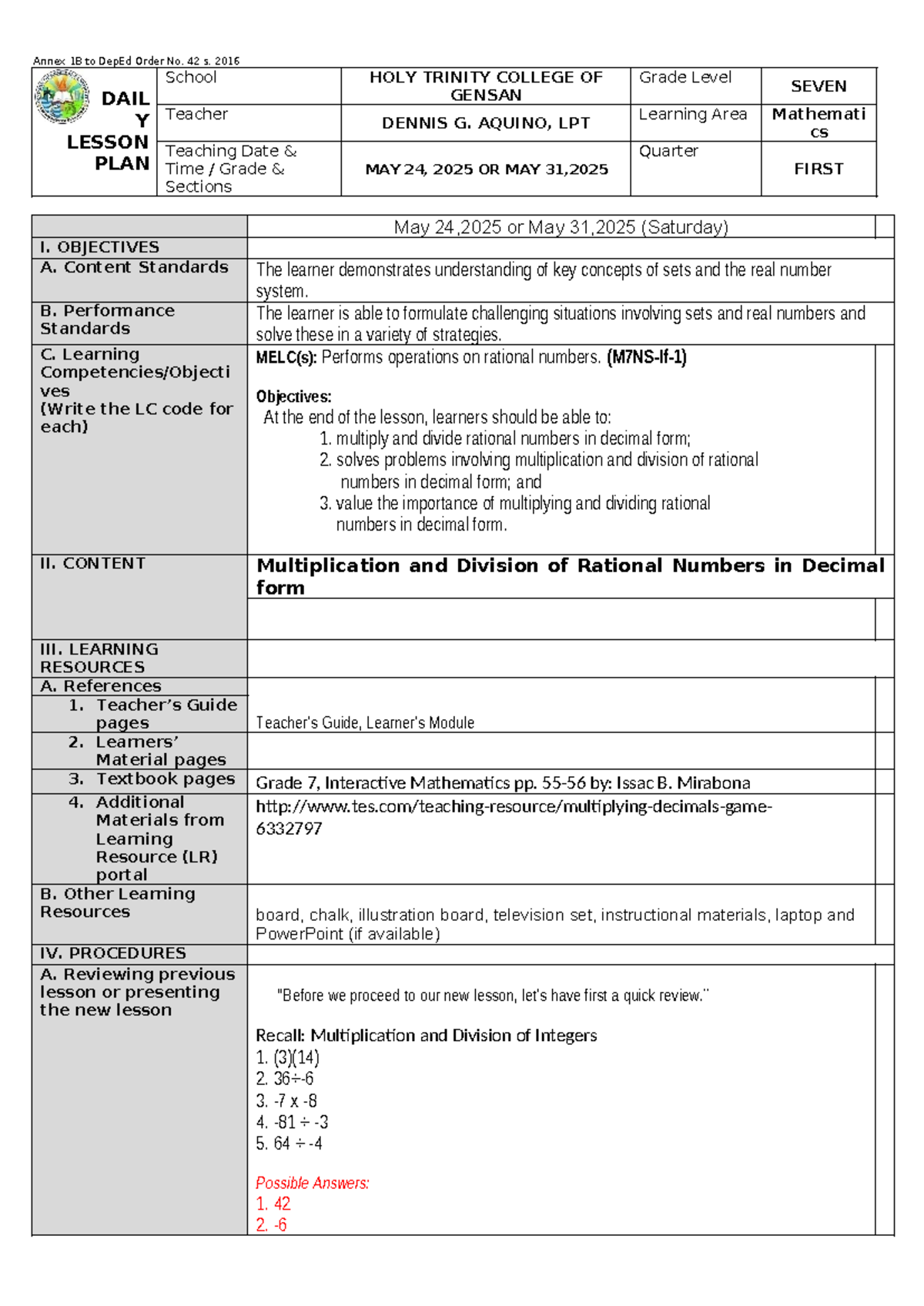 Aquino G7 Math Lesson Plan: Multiplication & Division of Rational ...