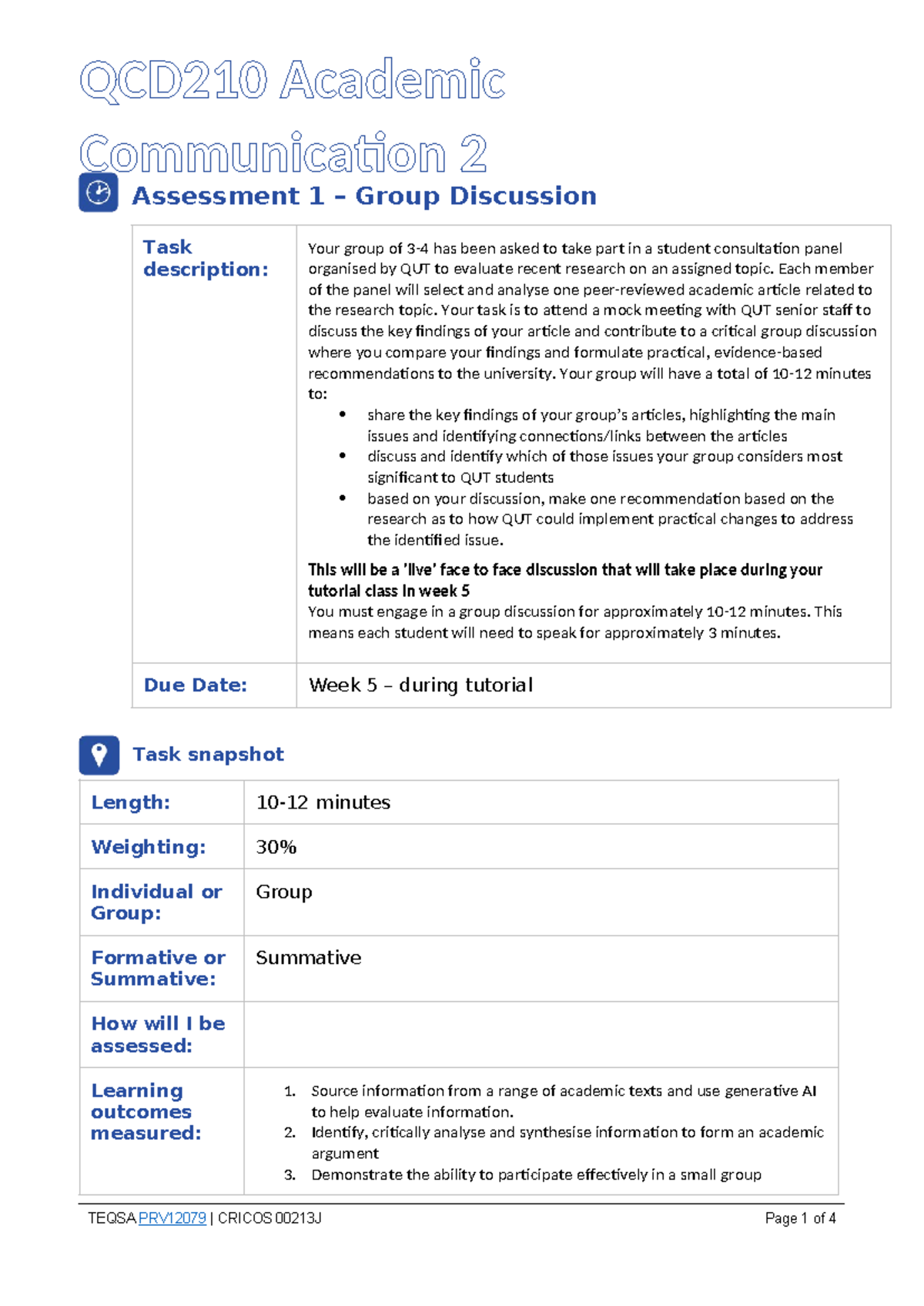 QCD210 Group Discussion Task: Academic Communication Assessment 1 - Studocu
